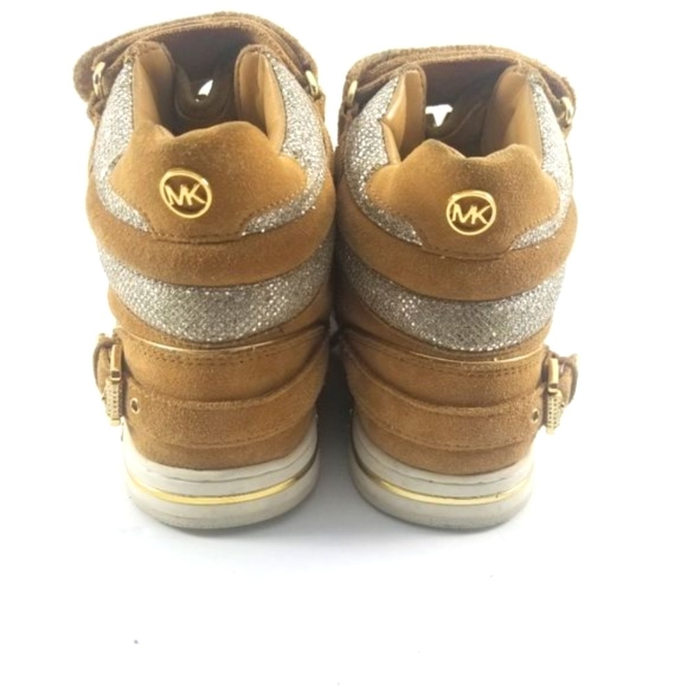 Michael Kors Womens Tan Suede Silver Glitter High Top Hidden Wedge Sneakers - Picture 3 of 6